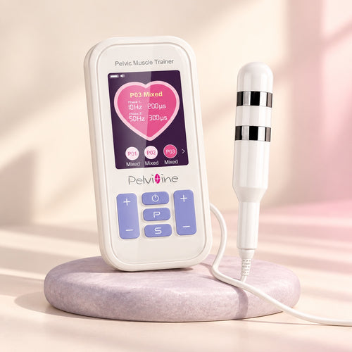 Vagitight Advanced KM521 controller and connected probe on a lavender display stand