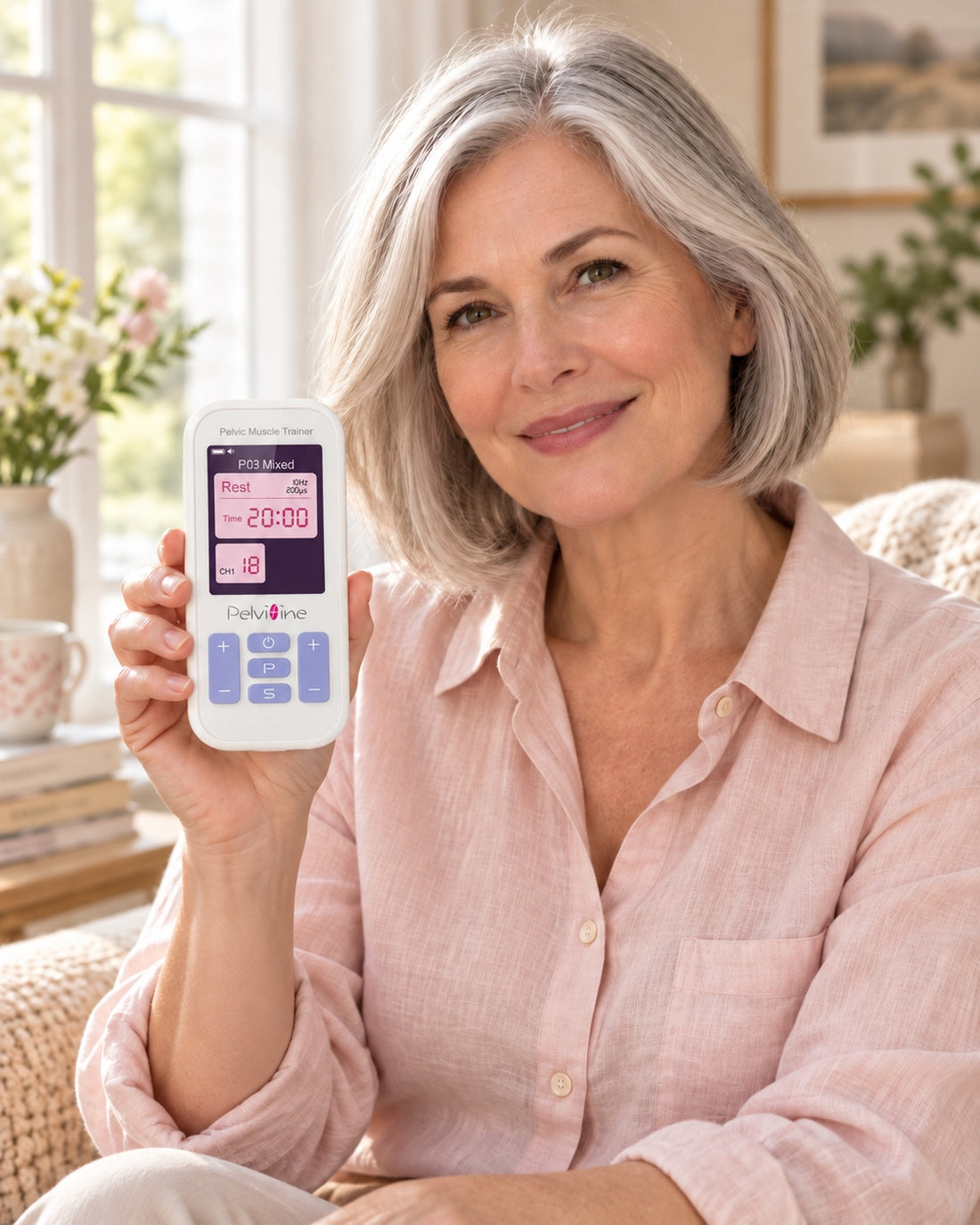 Illustrative lifestyle photograph of an adult woman in a relaxed home setting