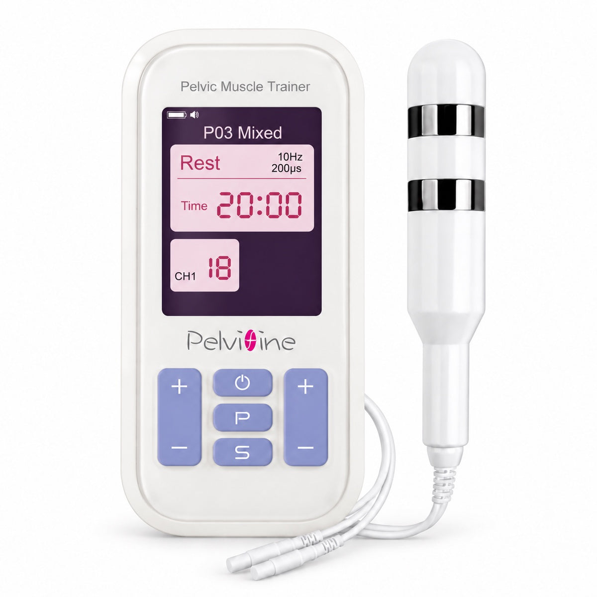 Vagitight Advanced KM521 pelvic-floor trainer with lavender controls, timer display and connected probe on a white background